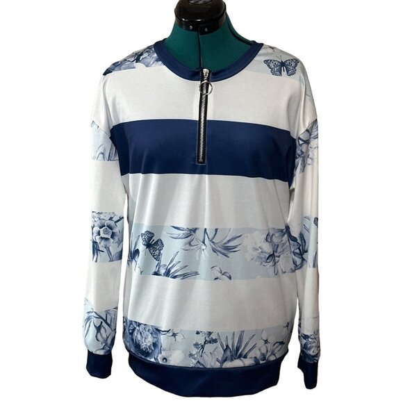 Blue & White Floral/Striped Pullover Shirt Polyester Blend Women's Size Medium - Picture 1 of 15